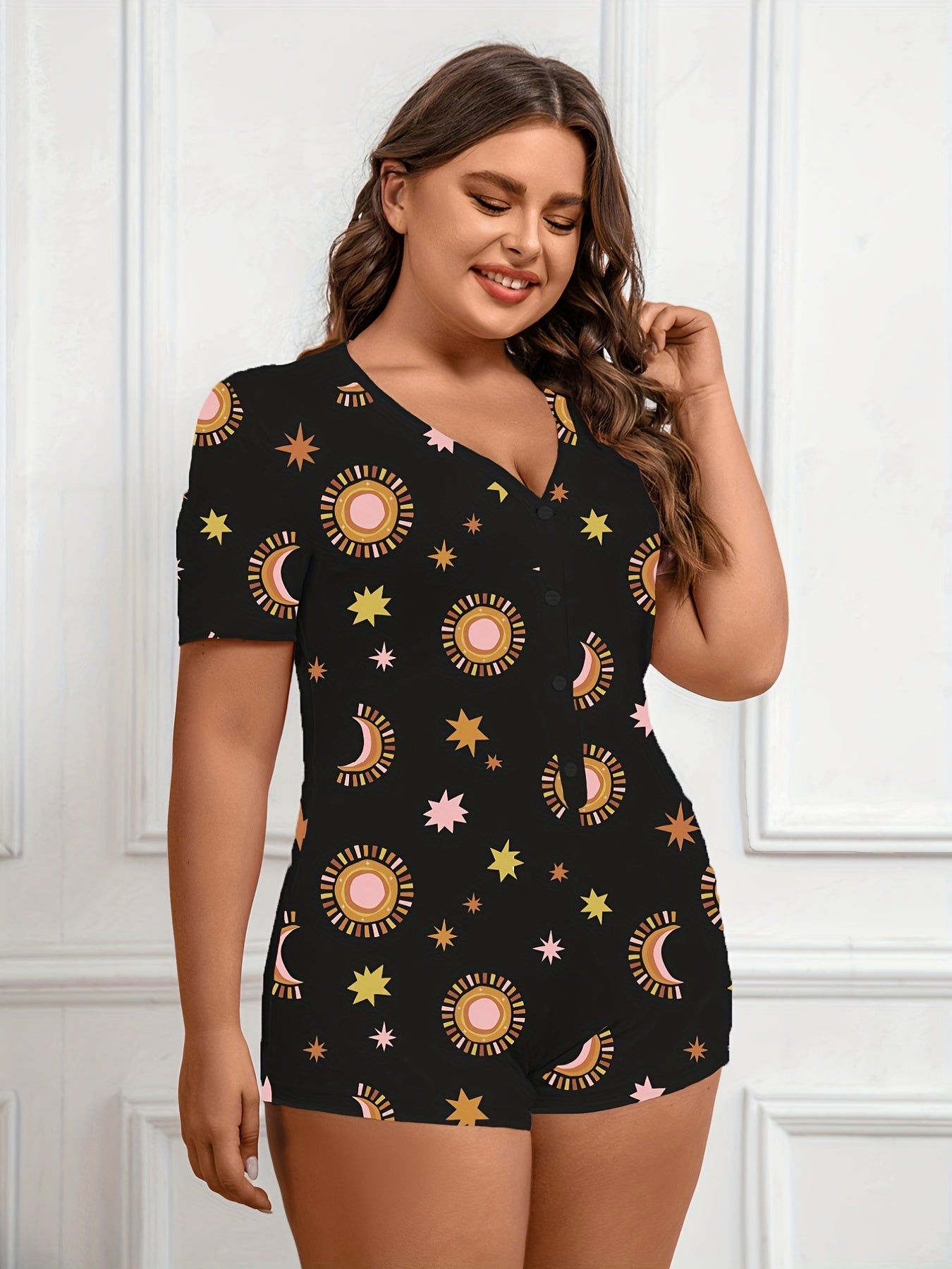 Sun & Moon & Star Print Button Up Romper