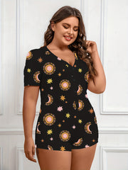 Sun & Moon & Star Print Button Up Romper