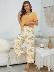 Floral Pajama Set Short Sleeve V Neck & Bow Pants