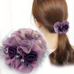 Vintage Mesh Flower Beaded Hair Scrunchie Ponytail Holder