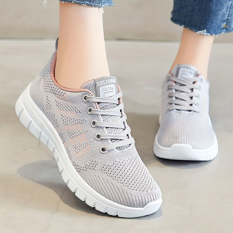 Women's Mesh Panel Sneakers Low Lace Up Round Toe Casual Running Shoes