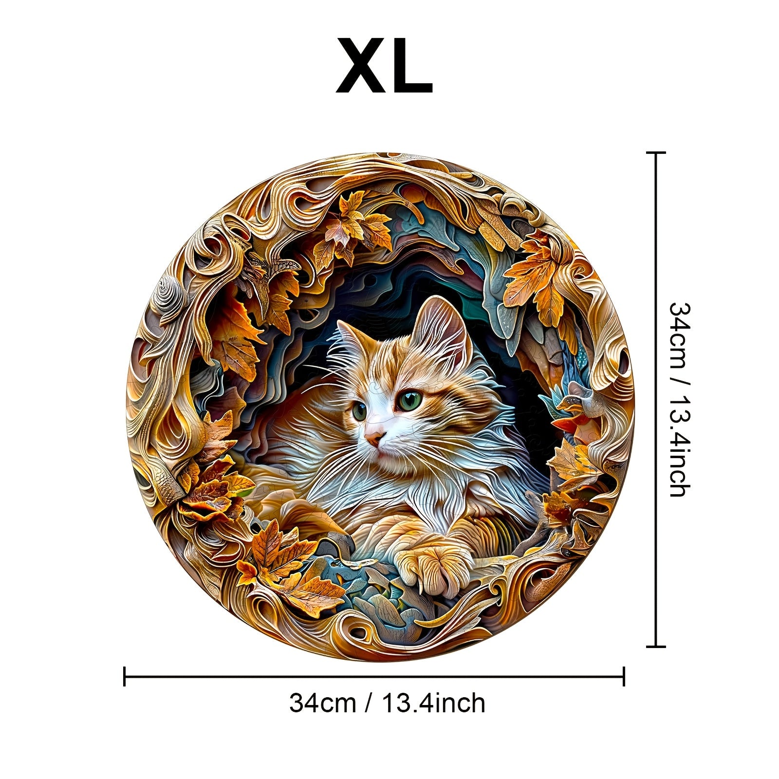 Cat Shaped Wooden Jigsaw Puzzle with Autumn Leaves Art