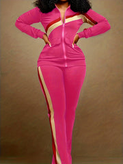 Striped Print Retro 2-Piece Set Zip-Up Jacket & Wide Leg Pants