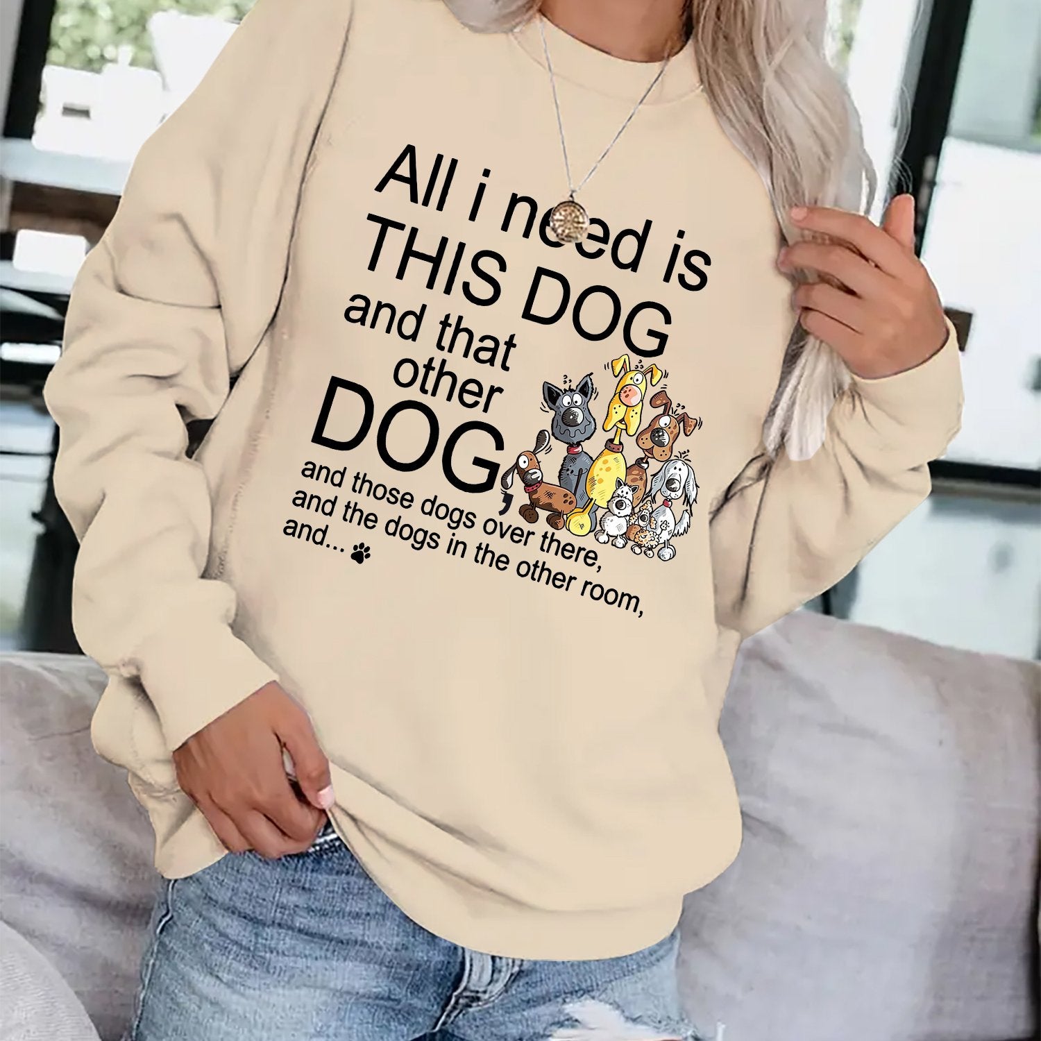 Dog & Letter Print Sweatshirt Casual Loose Crew Neck Sweatshirt