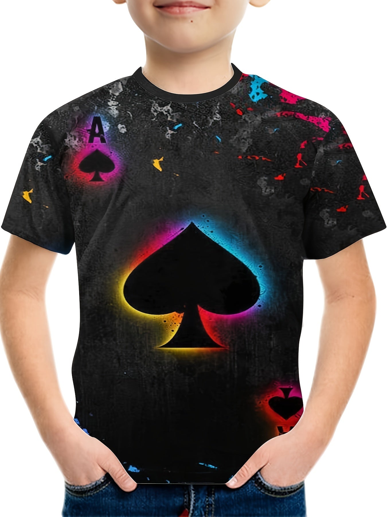 Ace Spade Print Boys T-shirt Lightweight Short Sleeve Top Summer Kids Outfit