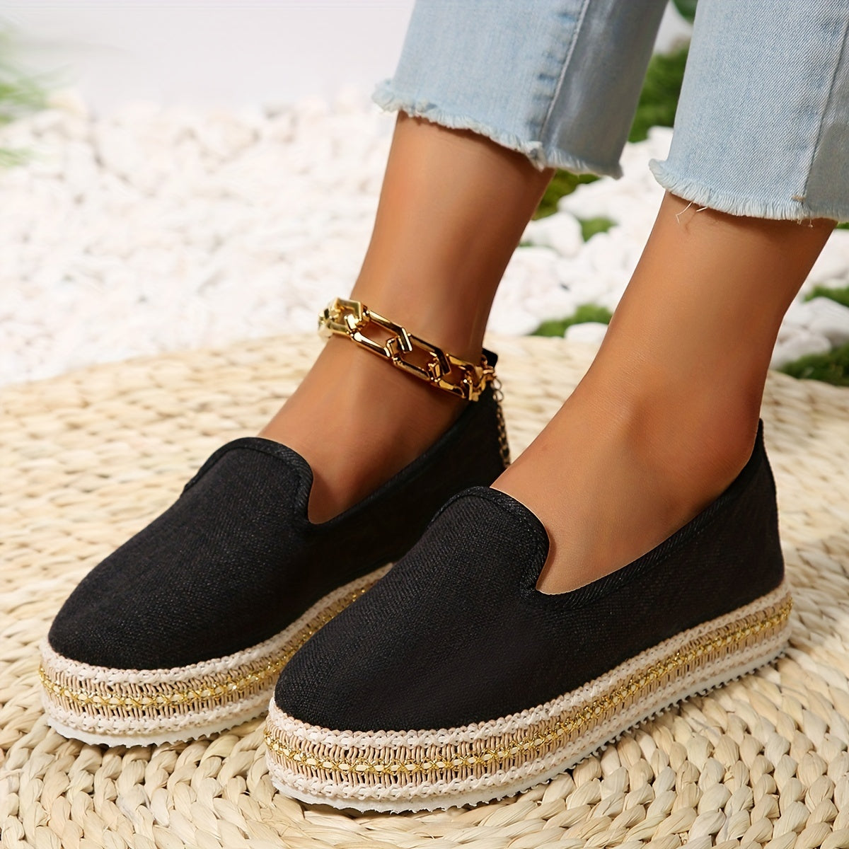 Women's Hemp Rope Loafers Slip On Platform Canvas Shoes