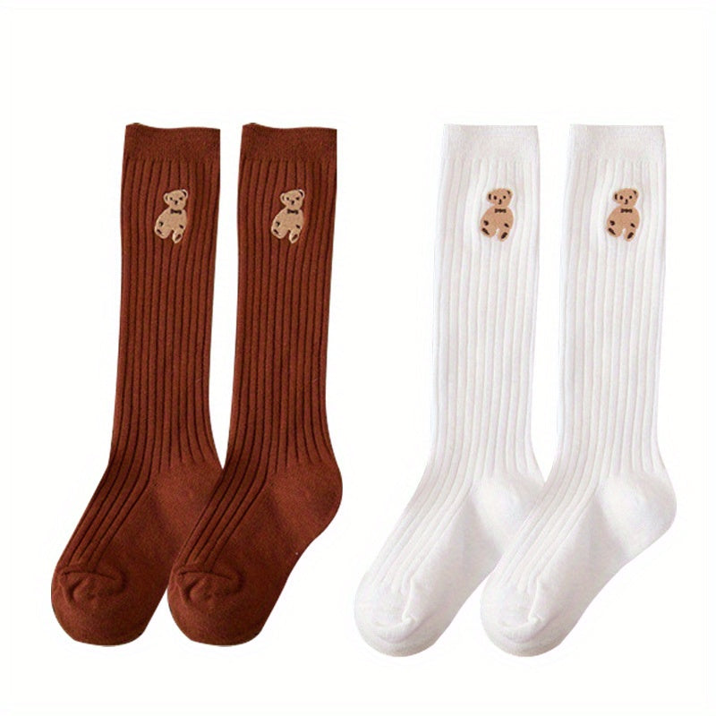 Girls Cartoon Bear Cotton Blend Knee High Socks - Striped Stockings
