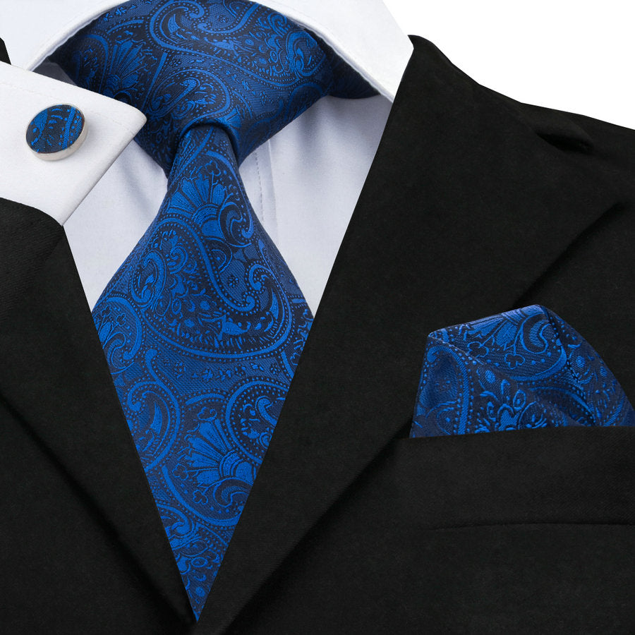Paisley Silk Tie Set Jacquard Woven Necktie Hanky Cufflinks