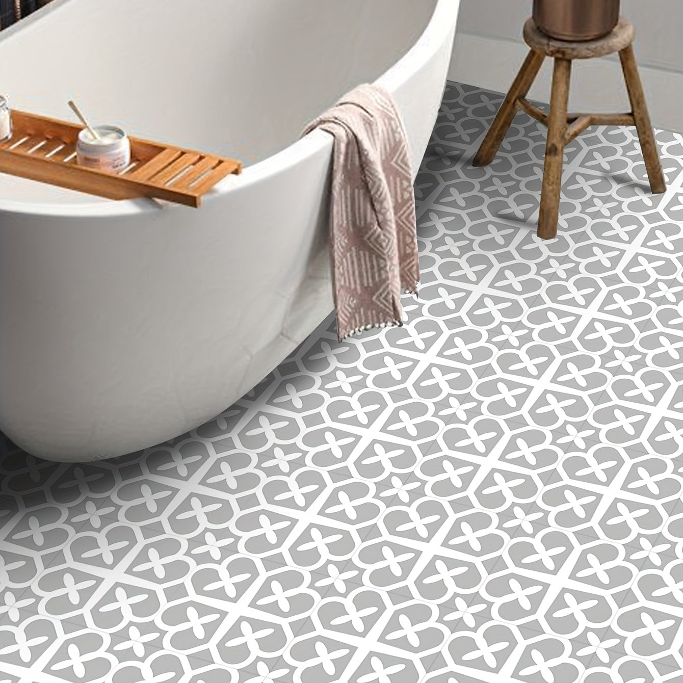 Peel Stick Floor Tile Moroccan Gray Mosaic Look Waterproof PVC Tile Sticker