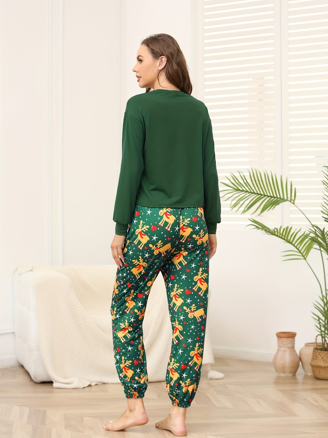 Elk Print Pajama Set Christmas Long Sleeve Crew Neck Top & Pants