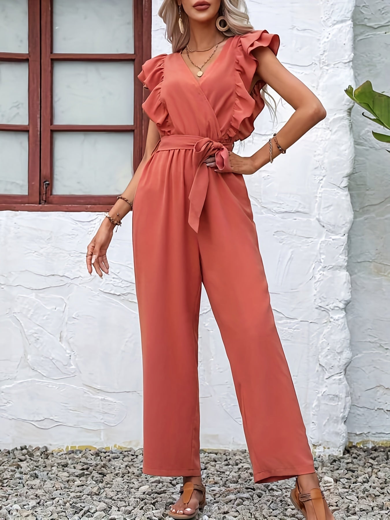 Ruffle Trim Tie Waist Jumpsuit Solid V neck Straight Leg Jumpsuit