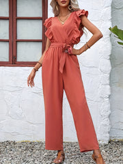 Ruffle Trim Tie Waist Jumpsuit Solid V neck Straight Leg Jumpsuit
