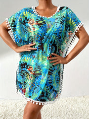Tie Dye Pom Pom Trim Split Side Cover Up Dress Women's Swimwear