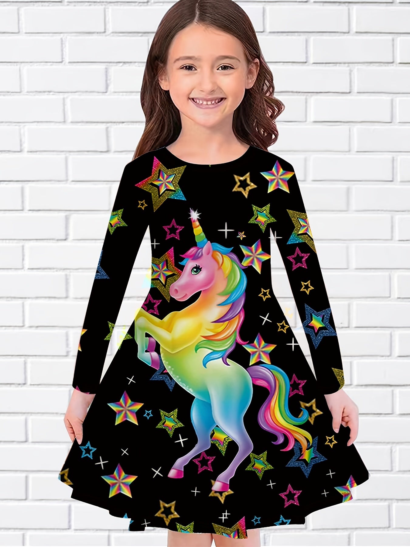 Girls 3D Rainbow Unicorn & Star Print Dress For Party Kids Gift