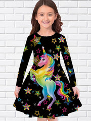 Girls 3D Rainbow Unicorn & Star Print Dress For Party Kids Gift