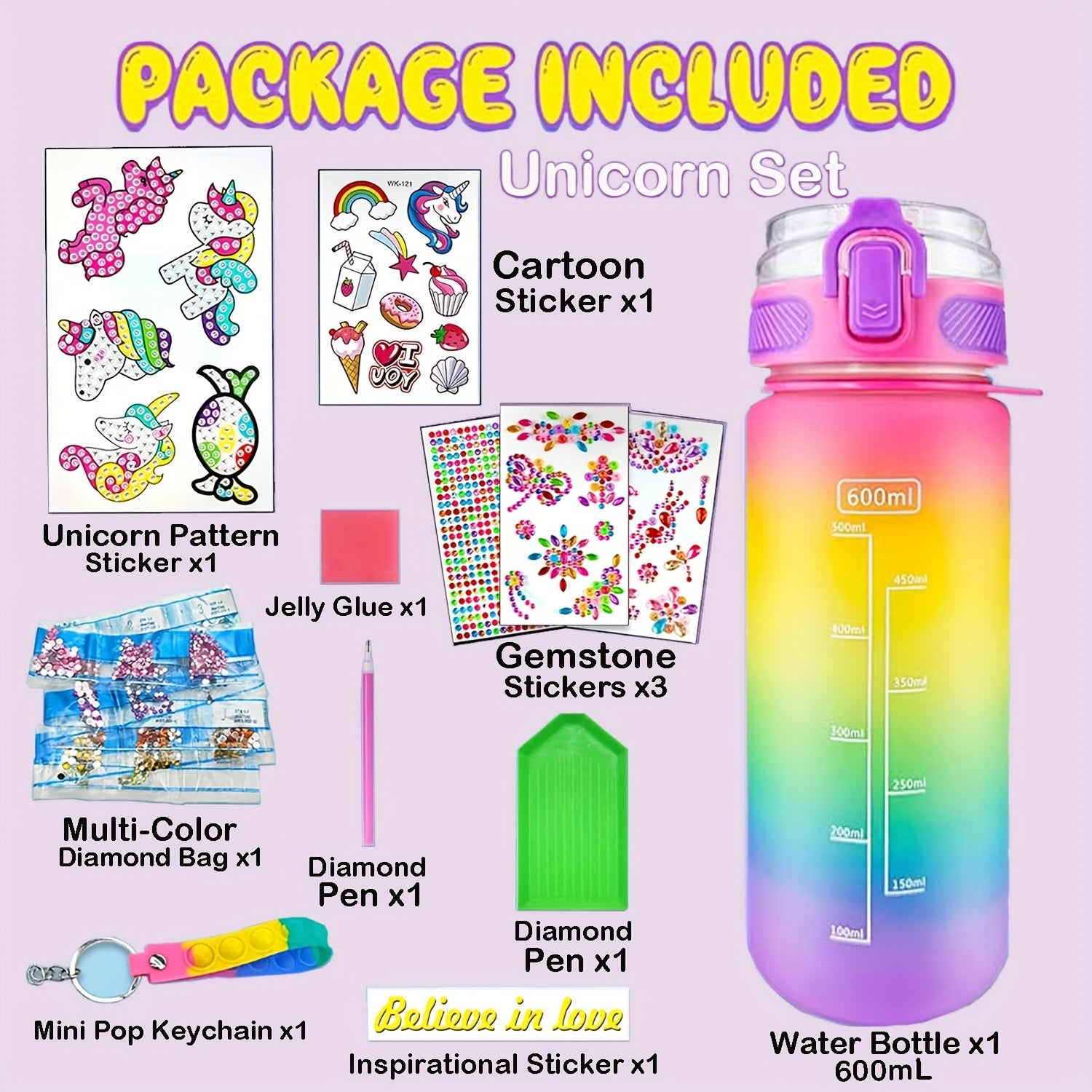 DIY Water Bottle Kit for Girls, Unicorn Mermaid Design, Diamond Painting Craft
