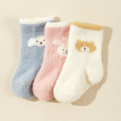 3pairs Baby Girls Cartoon Plush Non-slip Floor Socks for Autumn and Winter