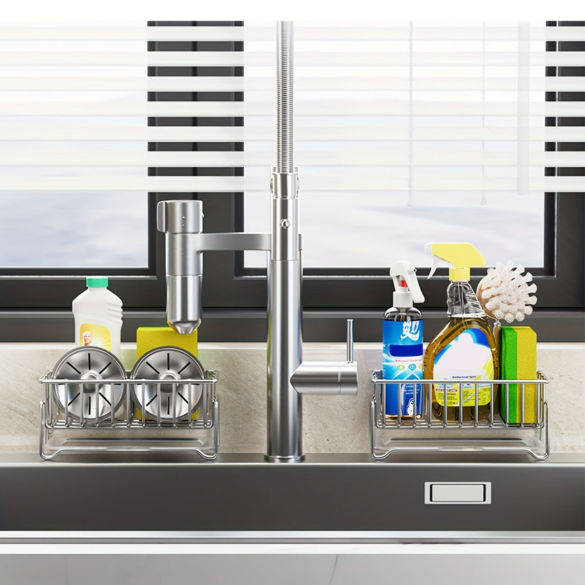 Sink Organizer Sponge Holder with Drain Pan for Kitchen Bathroom
