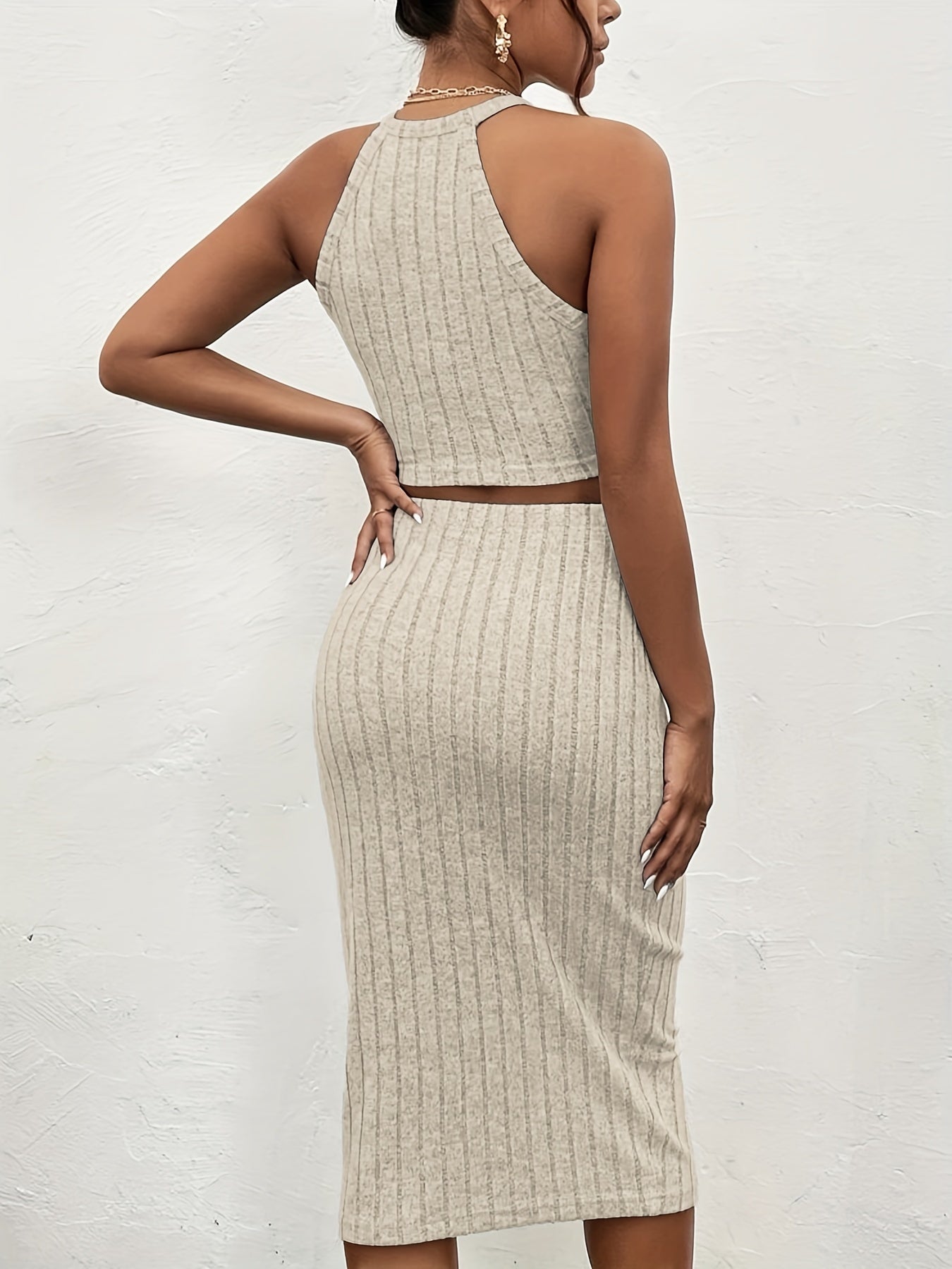 Ribbed Halter Neck Crop Tank Top & Skirt 2 Piece Set