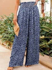 Ditsy Print Smocked Waist Wide Leg Pants for Women