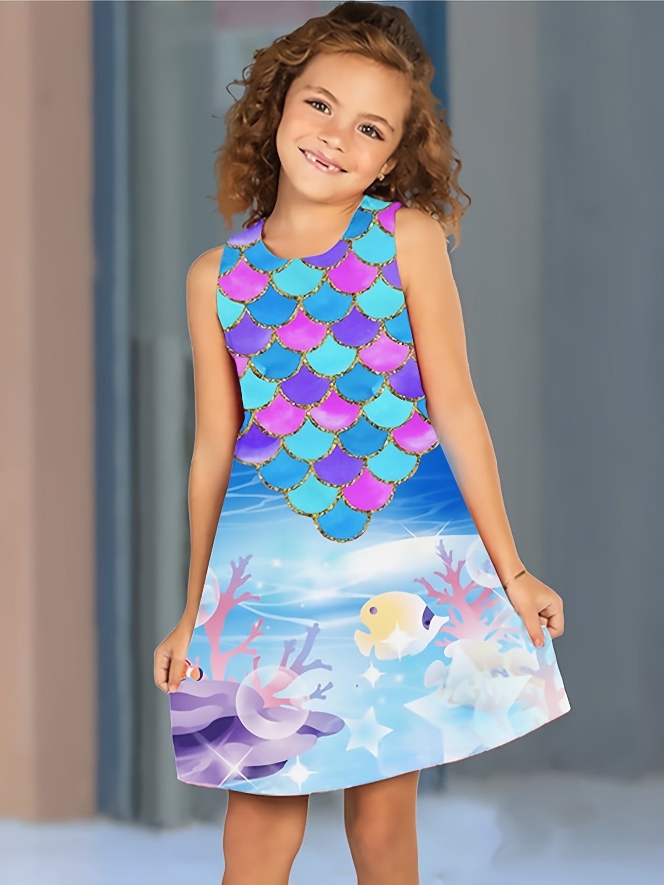 Girls Fish Scale Print Sleeveless Dress Summer Clothes
