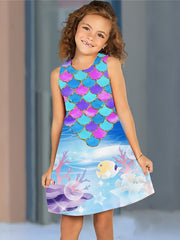 Girls Fish Scale Print Sleeveless Dress Summer Clothes