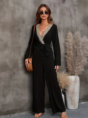 Lace V Neck Jumpsuit Long Sleeve Belted
