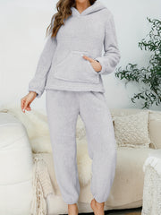 Women's Solid Flannel Pajama Set Hooded Top & Pants