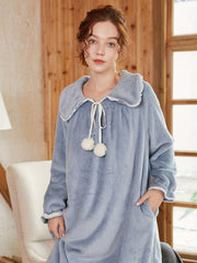 Ruffle Plush Nightdress Court Style Long Sleeve Pompom Decor Pajama Dress