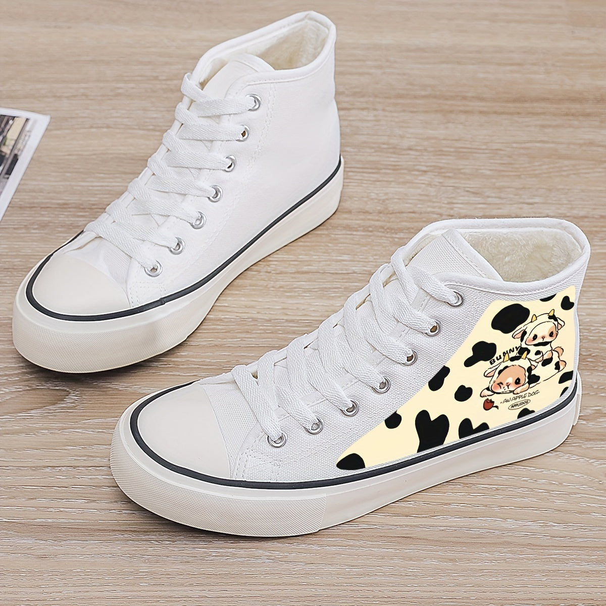 Cow Print Plush Lined Chunky Canvas Sneakers