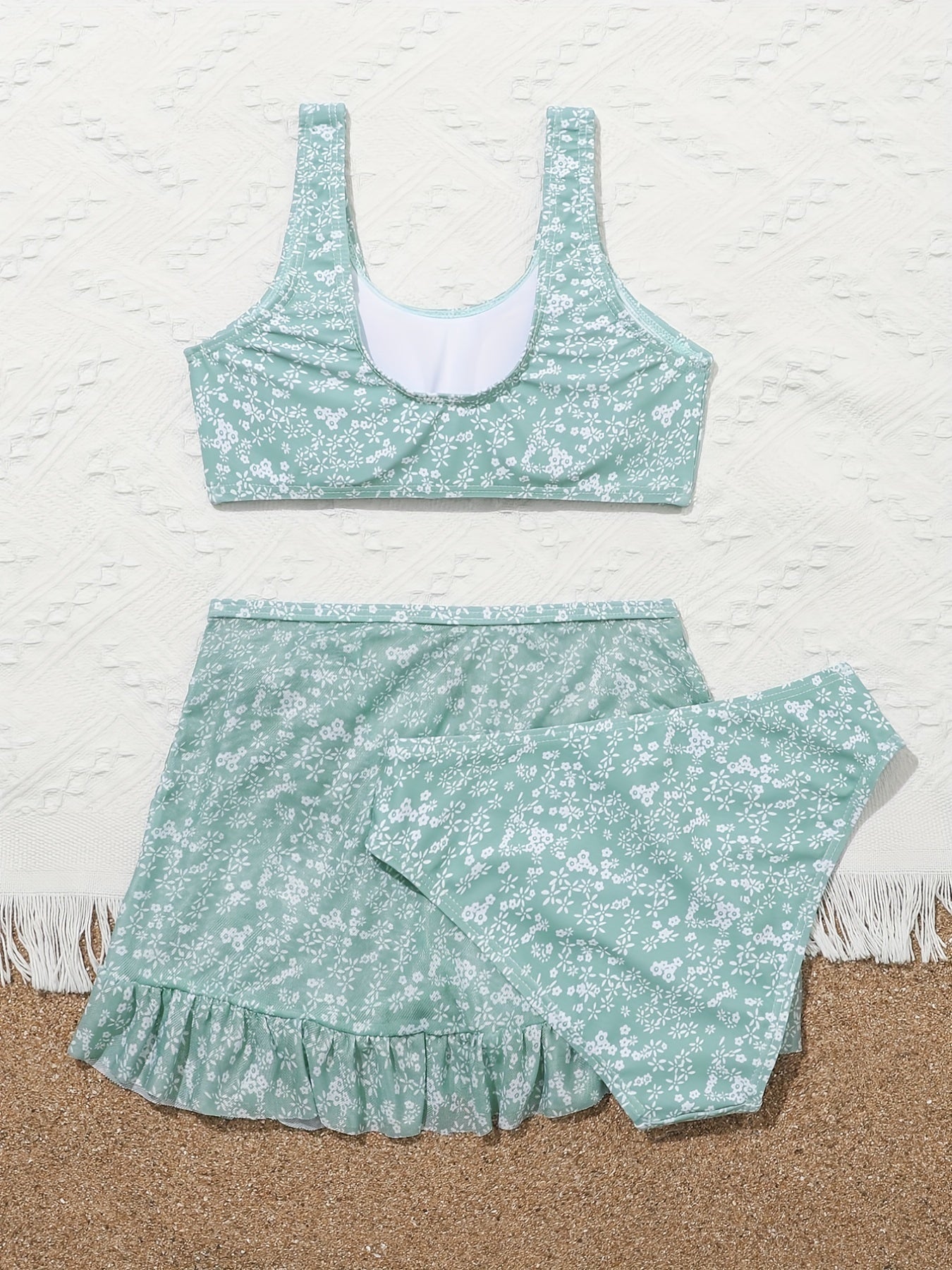 Girl's Floral Bikini Swimsuit Set Tank Top & Frilled Trim Mini Skirt Beachwear
