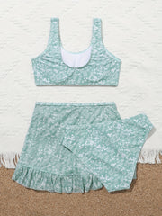 Girl's Floral Bikini Swimsuit Set Tank Top & Frilled Trim Mini Skirt Beachwear