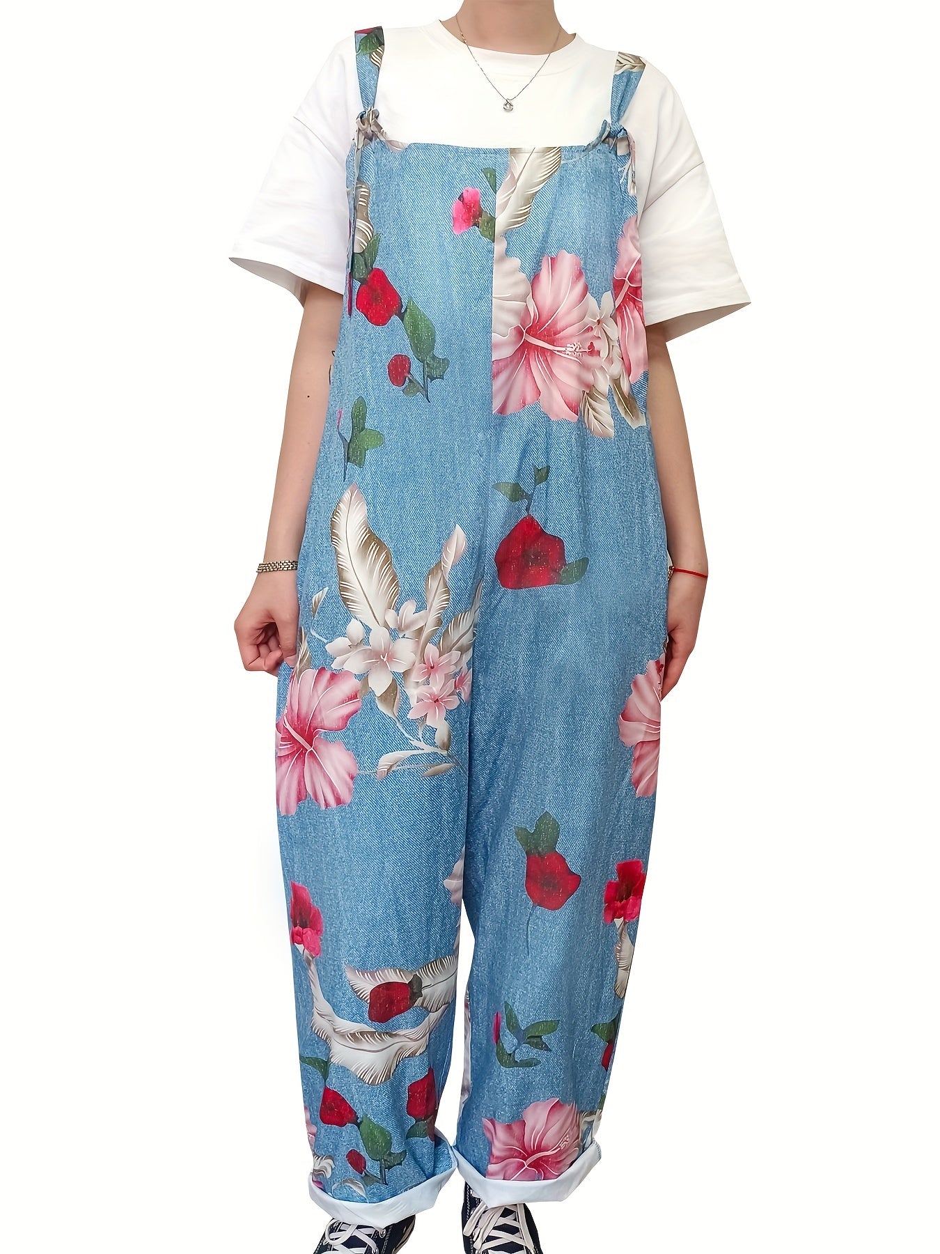 Rose Print Square Neck Overalls Jumpsuit