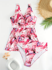 Marble Print Tankini Set with Surplice Neck Dress & Shorts