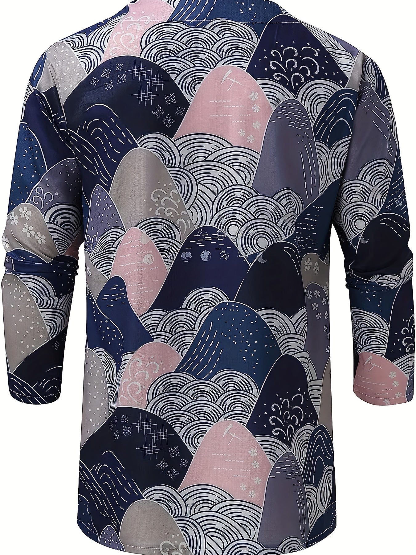 Men's Bohemian Pattern Shirt Top V Neck Lace Up Collar 3 4 Sleeves