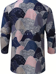 Men's Bohemian Pattern Shirt Top V Neck Lace Up Collar 3 4 Sleeves