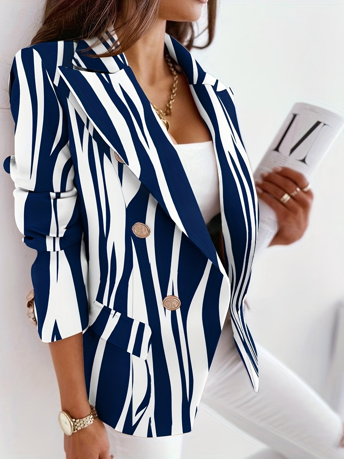 Graphic Print Lapel Blazer Double Breasted Long Sleeve Work