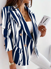 Graphic Print Lapel Blazer Double Breasted Long Sleeve Work