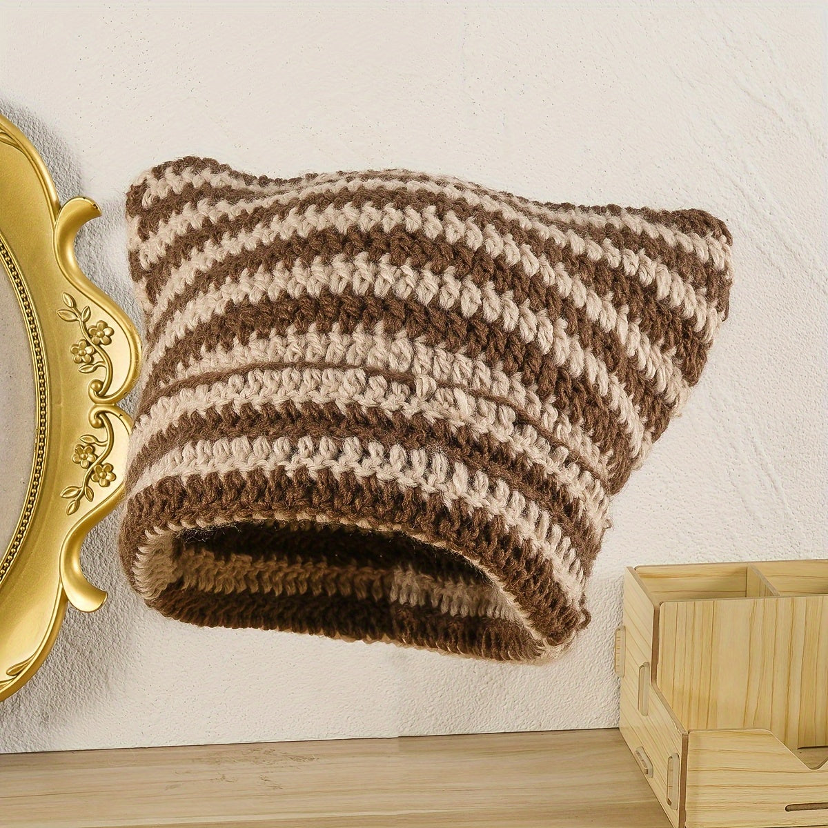 Striped Cat Ears Y2K Beanie Double Knitted Monster Warm Skull Cap