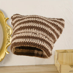 Striped Cat Ears Y2K Beanie Double Knitted Monster Warm Skull Cap