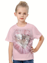 3D Adorable Cat Print Kids Short Sleeve T shirt Summer Clothes