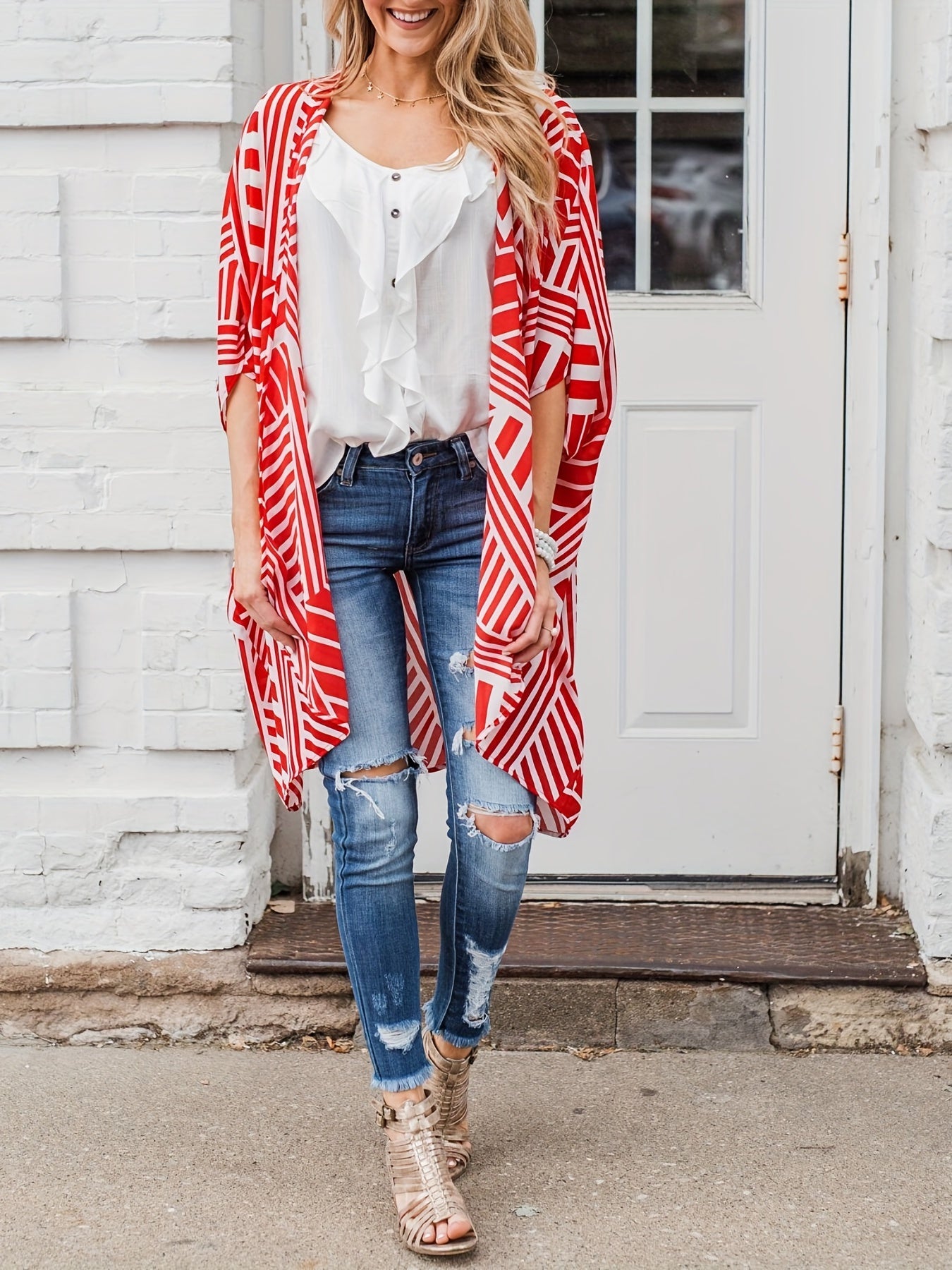 Geometrical Print Cover Up Shirt V Neck Half Sleeves Semi Sheer Loose Fit Cardig