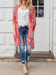 Geometrical Print Cover Up Shirt V Neck Half Sleeves Semi Sheer Loose Fit Cardig