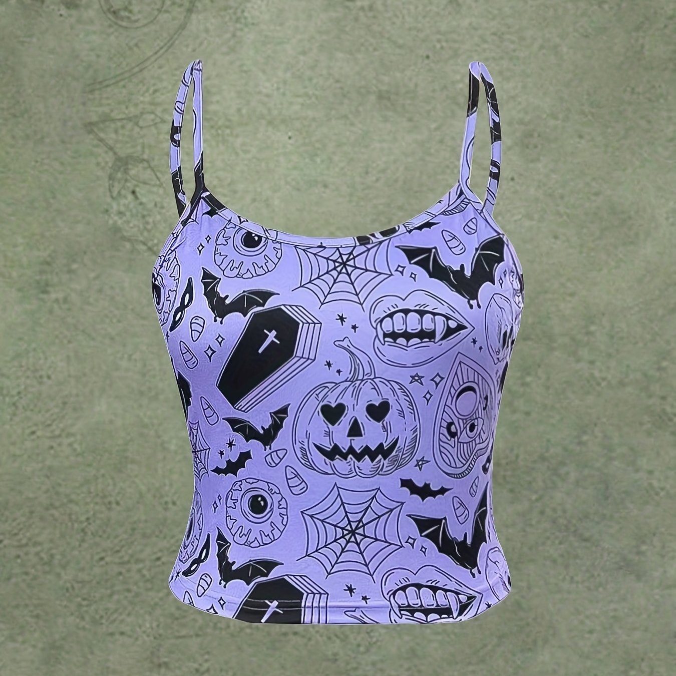 Halloween Graphic Print Cami Top Gothic Crew Neck Summer Sleeveless Top