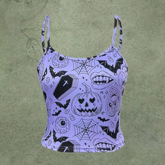 Halloween Graphic Print Cami Top Gothic Crew Neck Summer Sleeveless Top