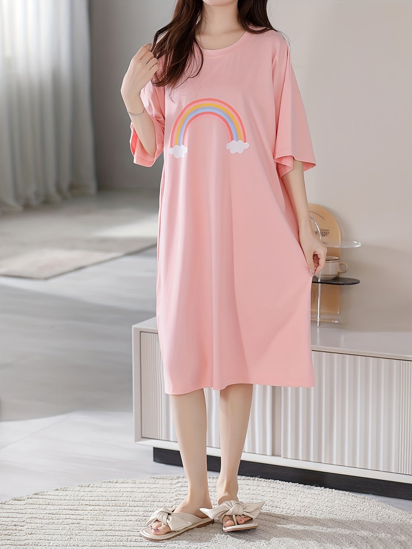 Rainbow Print Pullover Pajama Dress Mid Sleeve Nightgown