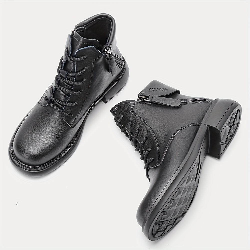 Women's Chunky Heel Lace Up Boots Double Zipper Stylish
