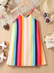 Girls Rainbow Stripes Print Cami Dress Beach Party Holiday Kids Summer Clothes