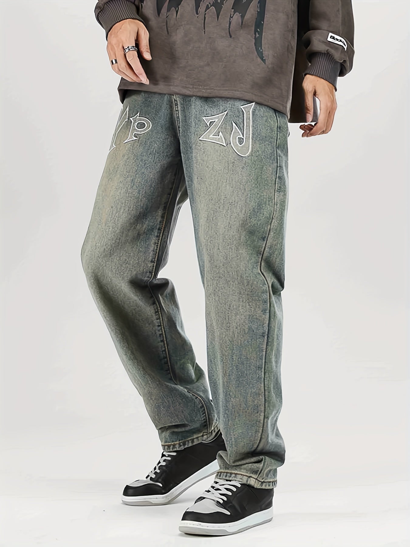 Men's Loose Fit Letter Print Jeans Casual Street Style Denim Pants