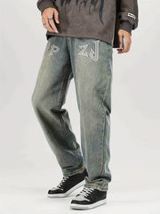 Men's Loose Fit Letter Print Jeans Casual Street Style Denim Pants